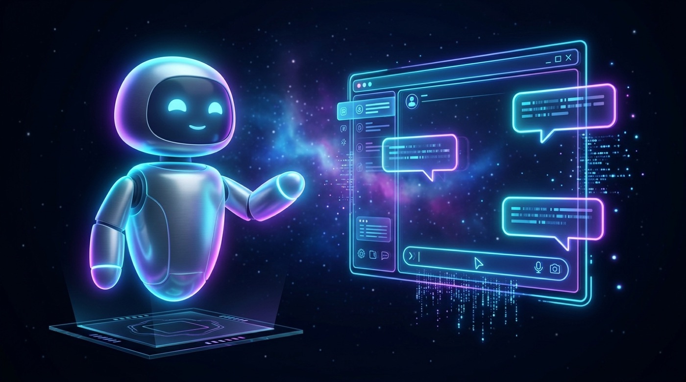 Grok mascot beside a glowing chat interface welcoming a user